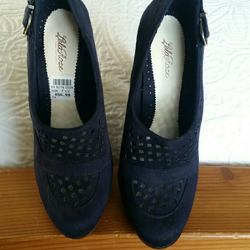 Navy Suede Platform Block Heel Pumps - Picture 3 of 7